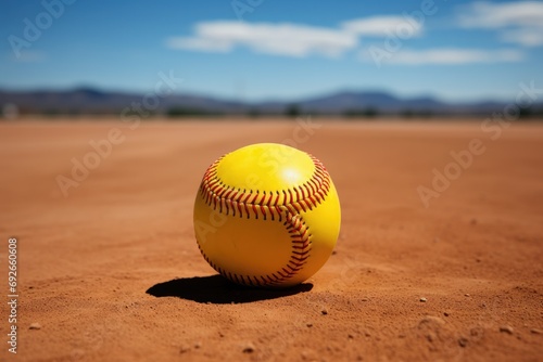 Yellow softball on yellow plain studio background, athletic minimal baseball sports