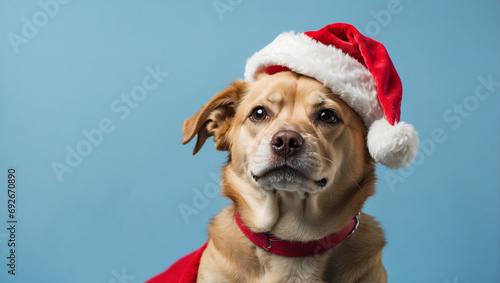dog wearing Santa hat on light blue background. backdrop with copy space