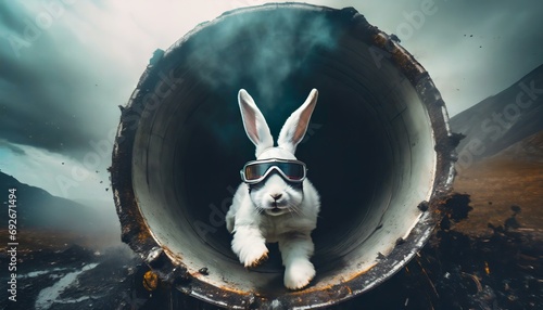 Weißes Kaninchen mit Brille kommt aus einem großen Rohr / Tunnel heraus gerannt. Konzept: Kaninchenloch Eingang. "Folge dem weißen Kaninchen!" Düsterer Hintergrund.