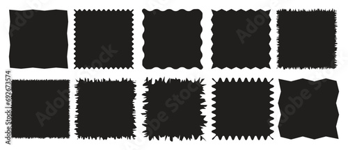 Torn shape pieces set. Set of black jagged paper square. Zig zag square shape with jagged edges