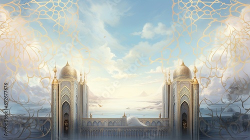A majestic Eid ul Fitr greeting card, adorned with gold and silver calligraphy, set against a backdrop of soft, pastel colors.