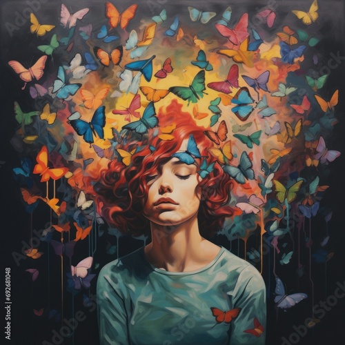 woman mind with butterflies around her head, positive thinking, creative mind, self care and mental health concept