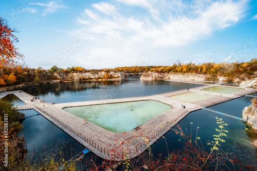  Swimming, paddling pools, sunbathing platforms on Zakrzowek lake famous landmark in Krakow Poland.