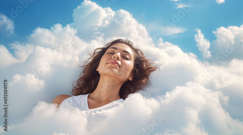 Beautiful woman sleeping and dreaming on clouds, representing deep good sleep and relaxation, soft fluffy cloud and blue sky, hd