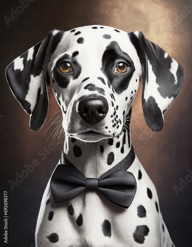 Portret psa Dalmatyńczyka w w czarnej muszce na szyi. Generative AI