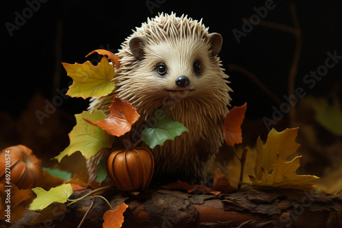 Cute hedgehog with leaves