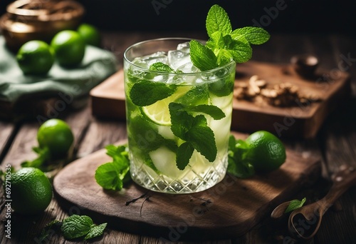 Refreshing mint cocktail mojito with rum and lime cold drink or beverage with ice on dark wooden background