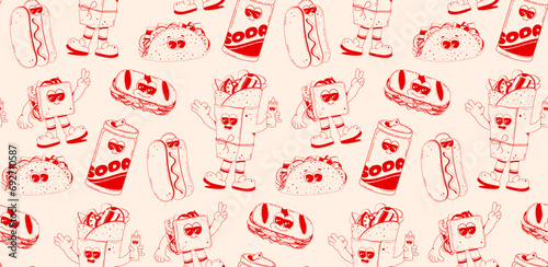 Fast food retro cartoon fast food seamless pattern. Comic characters of burger, fries, taco, hot dog for bar, cafe, restaurant.