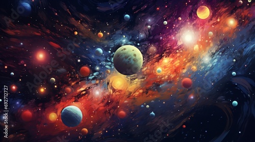 Playful and animated planets and stars forming a vibrant cosmic illustration