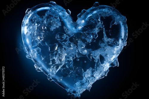 A clear heart-shaped ice with blue tint and icicles on a black background represents being cold-hearted, heartbroken, unloved, and closed off emotionally,
