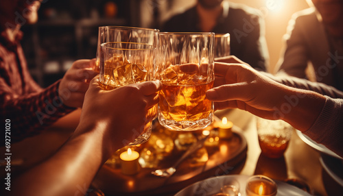 Selective focus at whiskey glass in hands, cheer and toast, blur and defocus background of interior bar vibe with golden bokeh. 