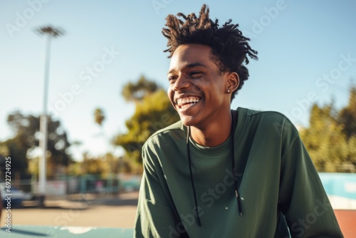 Portrait of young male skateboarder at skate park