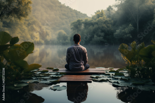 A serene image of a young man meditating by a tranquil lake surrounded by lush greenery, promoting mindfulness and connection with nature