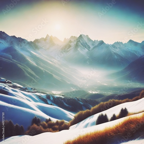 Snow Forest Mountain Tree Landscape Winter morning. A serene winter landscape with a snow covered forest and mountain range, gleaming peaks, snow laden slopes