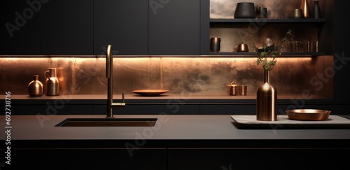 a black kitchen with a gold sink, tap and faucet