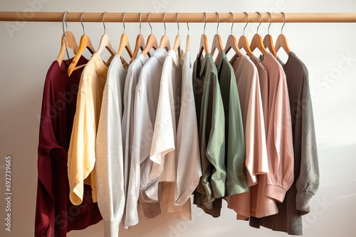 rack clothing hang Clothes hanger garment wear store fashion shop retail dress colourful shirt collection outfit display closet woman fabric casual attire style boutique sale colours jacket female