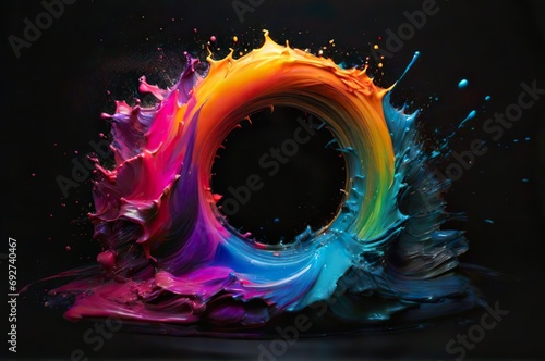 colorful paint splashing around a circle on a black background, colorful redshift render, digital art