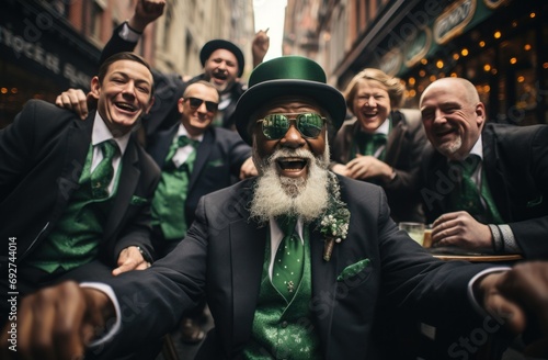 four elderly saint patrick's day citizens celebrating party with beer on a city street