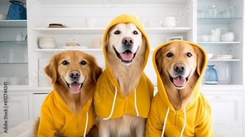 Three golden retriever dogs wearing yellow hoodies on modern home kitchen background, funny animal portraits.