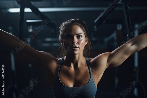 young Caucasian woman trains on gym equipment, her intense gaze and athletic form embodying dedication and strength