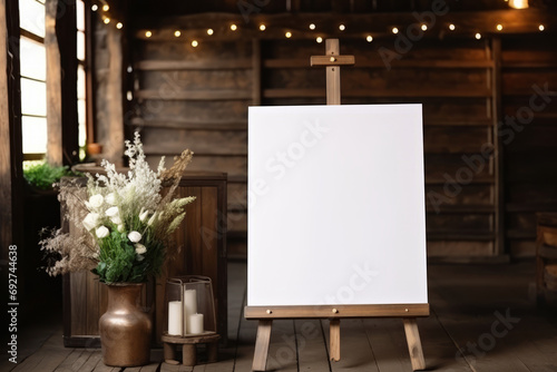 Wooden blank white easel mockup. Board for wedding inscription. Generative AI