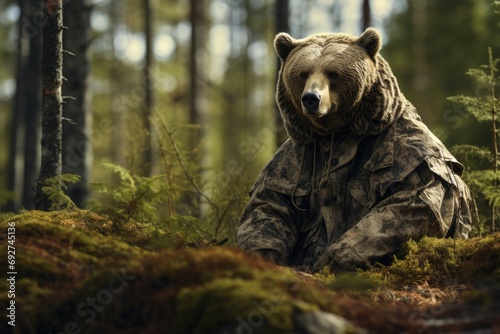 A bear in a hunting camouflage suit sits in the forest