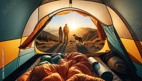 Nature camping experience - couple with a dog, mountain view from tent
