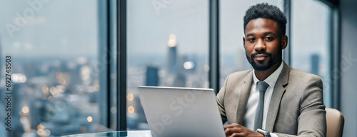 A confident realtor with a laptop, symbolizing professionalism in high-stakes property negotiations against a cityscape. His expression, embodies the dedication required in the real estate market.