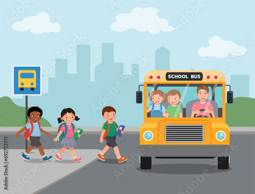 Group kids students boys and girls go to school entering school bus