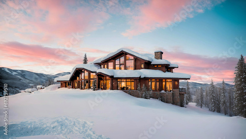 Dreamy Luxury House in Aspen Colorado with stunning sunset view.Visualized from real photo.