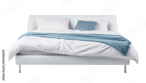 Modern bed with white and blue elements on transparent background.
