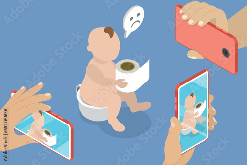 3D Isometric Flat Vector Illustration of Baby Privacy, Oversharing or Sharenting