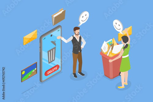 3D Isometric Flat Vector Illustration of Cleaning Mobile Phone, Message Trash