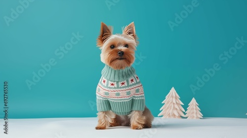 An image of a dog dressed in a knitted Christmas sweater on a soft pastel background.