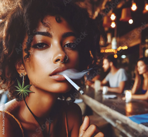 Young woman smoking joint in a Cannabis Social Club. Guest or member of a CSC. Coffeeshop. Cannabis dispensary. Marijuana. Weed. Ganja. Legalization. Lighting up. Amsterdam. Generative AI 