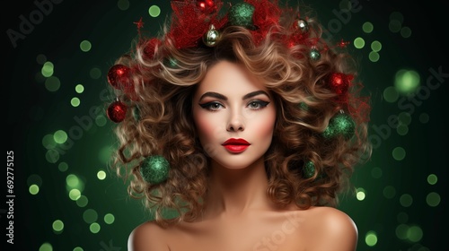 Woman with a beautiful hairstyle on a Christmas background.