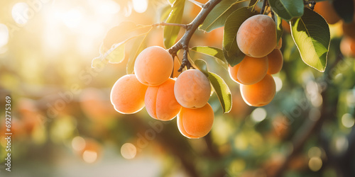 Ripe Apricots Hanging on Apricot Tree Branch in Orchard. Close-up View of Apricots Ready for Harvesting. Concept of Healthy Eating and Organic Farming.