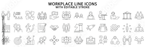 Workplace icons. Workplace icon set. Work place line icons. Vector illustration. Editable stroke.