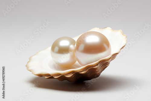 Deux perles nacrées dans une coquille d'huître perlière sur fond blanc
