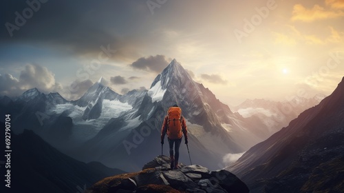  climber standing on the top of a high rock. Sport and active life concept, foggy peak mountain background