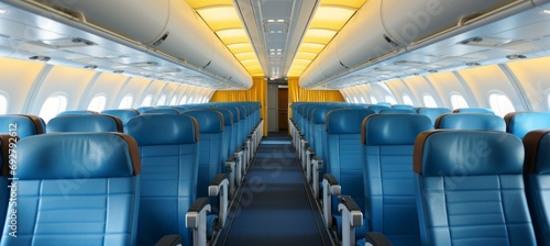 Modern airplane cabin seat interior. Generative AI technology.