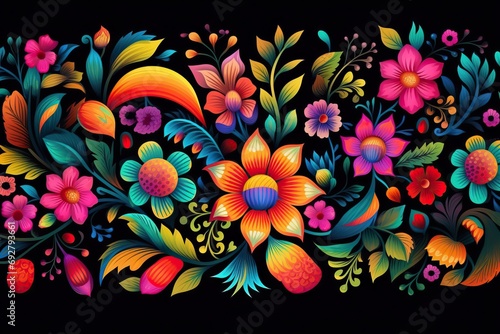 background black pattern floral Mexican Colorful mexico bright colourful fabric cotton embroidery flower wallpaper print clothes bloom blossom art graphic botany traditional handmade spring thread