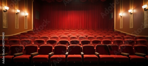 Empty red cinema seats interior. Generative AI technology.