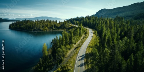 Aerial view of a road winding through a dense forest and running alongside a lake.
