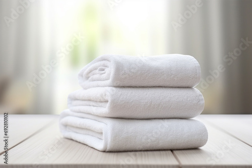 a stack of fluffy white towels folded on a white table in the room.