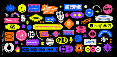 Colorful trendy sticker pack. Naive playful label shape set. Retro patch cartoon collection. Catchphrase sign, Groovy text slogan. Geometric element. Brutalism aesthetic. Flat vector illustration.