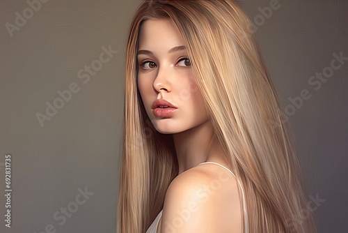 girl Blond hair straight long woman Young beauty coiffure model fashion face beautiful pretty brown female portrait glamour caucasian 1 posing studio style grey background closeup