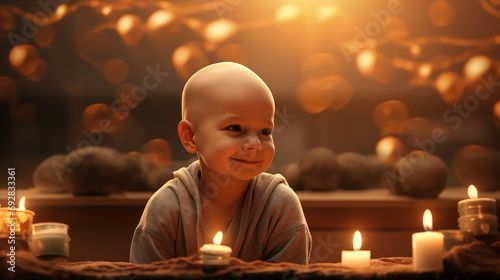 child has cancer There is hope in eyes, surrounded by candles.