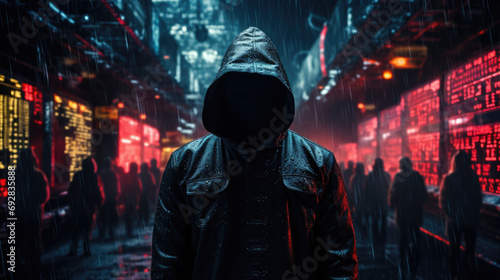 A man with a hood on his head hides his face and stands on a street of a big city at night