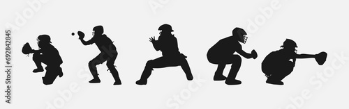 set of silhouettes of baseball player catching the ball with different pose, gesture. catcher. isolated on white background. vector illustration.